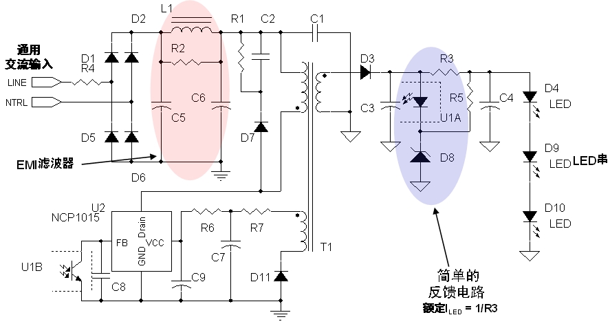 圖2：安森美半導(dǎo)體8 W LED驅(qū)動(dòng)應(yīng)用電路示電圖(輸入電壓為85至264 Vac)。