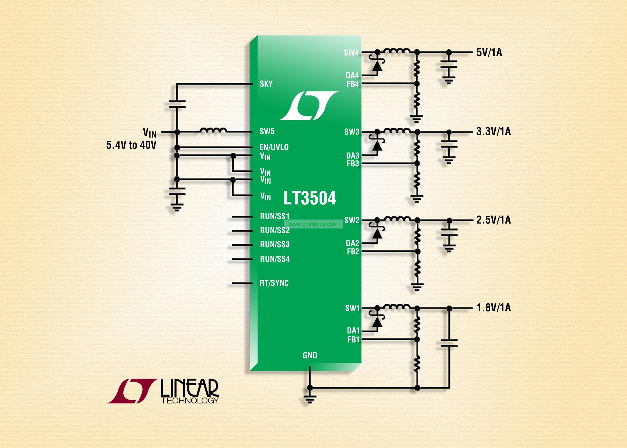 40V、4 通道 1A (IOUT)、2.2MHz 降壓型 DC/DC 轉(zhuǎn)換器