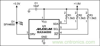 圖1：MAX44000典型電路，包括LED