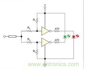 在雙門構(gòu)成的CMOS/TTL兼容探頭中，R1至R4電阻網(wǎng)絡(luò)對反相器輸入端做偏置
