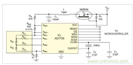 圖1：測量電路測三個點(diǎn)的值，微控制器就可以計算出傳感器值