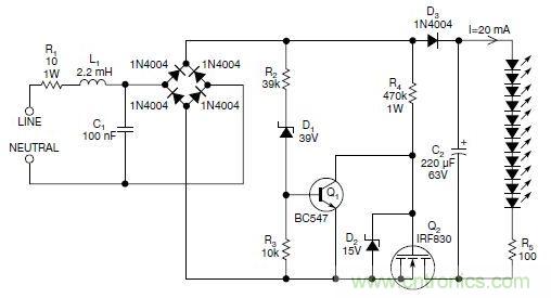 圖2：斬波工作類似圖1中的電路，但以較大的LED串聯(lián)電阻代替了恒流源，提供限流功能