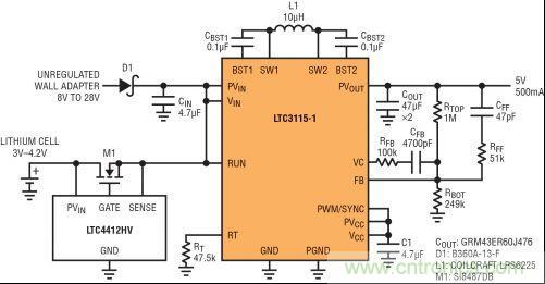圖7：LTC3115-1與LTC4412HV相結(jié)合，以獲得由單節(jié)鋰離子電池和未穩(wěn)壓交流適配器提供的雙輸入5V電源