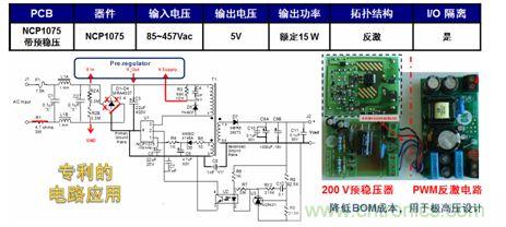 基于NCP1075開關(guān)穩(wěn)壓器和200 V預(yù)穩(wěn)壓器的極寬電壓范圍15 W參考設(shè)計。