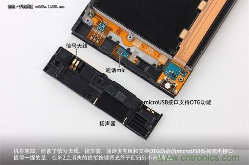 信號(hào)天線、揚(yáng)聲器、麥克風(fēng)以及支持OTG功能的Micro USB接口均位于底部