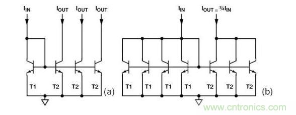 （a） 多級電流鏡 （b） 非整數(shù)比例電流鏡可將3個T2集電極結(jié)合起來，得到3IIN