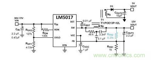 基于 LM5017 的 Fly-Buck 轉(zhuǎn)換器電路，沒有基于光耦合器的穩(wěn)壓電路