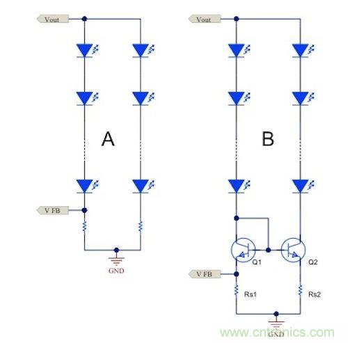 電流鏡 (B) 可針對簡單電阻器電流調(diào)節(jié) (A) 提供各種優(yōu)勢。