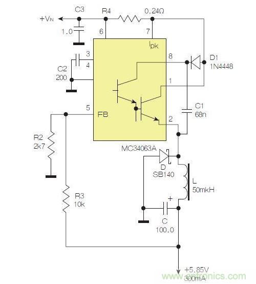 采用降壓配置中廣為使用的MC33063/MC34063的一個示例。