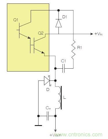 為了實現(xiàn)用兩個元器件提升電源轉(zhuǎn)換效率，芯片上應有針對驅(qū)動器晶體管Q1集電極的單獨引腳。