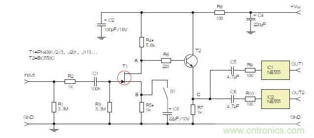 所示電路采用兩個(gè)工作在不同頻率下的555定時(shí)器，以獲取不同的音