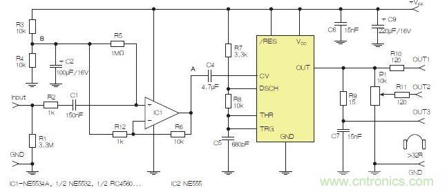 含運(yùn)算放大器和NE555定時(shí)器的耳機(jī)和音頻線路驅(qū)動器。也可以使用CMOS版本(如LMC555)，但輸出電流較低。其優(yōu)點(diǎn)為工作頻率較高。