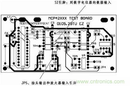 這是對(duì)圖2所示電路的第一次布線嘗試。此配置在模擬線路上產(chǎn)生不規(guī)律的噪聲，這是因?yàn)樵谔囟〝?shù)字走線上的數(shù)據(jù)輸入碼隨著數(shù)字電位器的編程需求而改變。