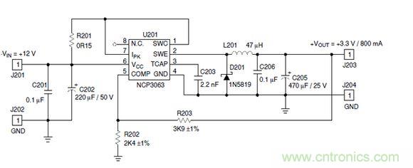 Buck電路應(yīng)用實(shí)例-輸入9～12V，輸出3.3V 800mA電路