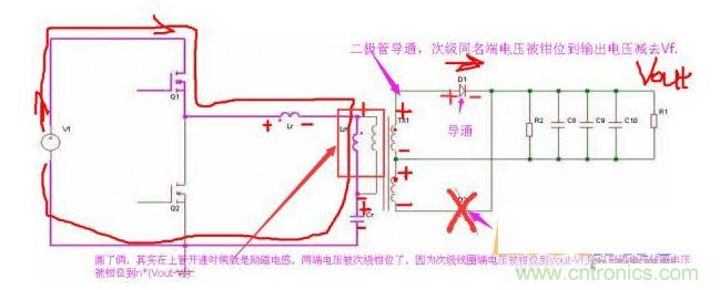 上管開通，注意諧振電感、勵磁電感、諧振電容的正負