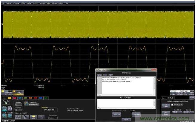 這個嵌入式MATLAB腳本用于解調(diào)調(diào)頻載波，并顯示調(diào)制波形。編輯框允許用戶不離開示波器環(huán)境就能完成腳本的創(chuàng)建或編輯。