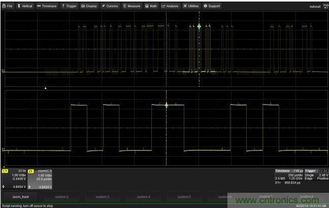 使用CustomDSO運行VB腳本“zoom_Track.lss”。當腳本運行時，縮放波形的中心將跟蹤水平的光標絕對位置。從圖中可以看出，光標將永遠位于縮放波形Z1的中心