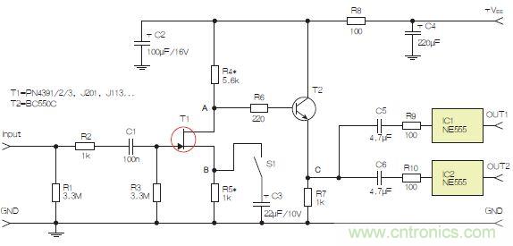圖3：采用兩個(gè)工作在不同頻率下的555定時(shí)器電路，以獲取不同的音效。