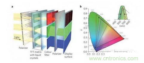  LCD顯示器示意圖。TFT表示薄膜晶體管（thin-film transistor）。